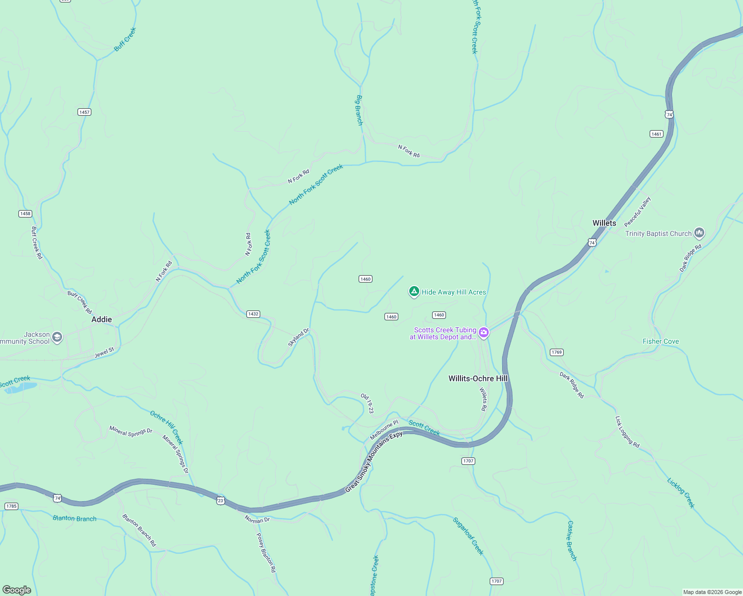 map of restaurants, bars, coffee shops, grocery stores, and more near 1247 Henry Road in Sylva