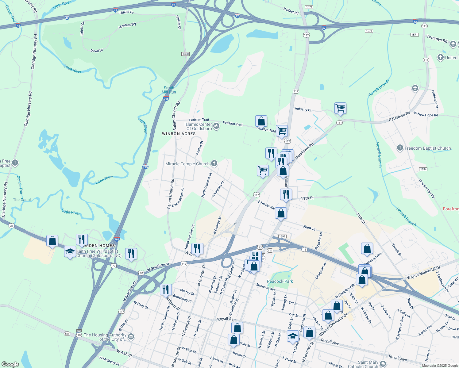 map of restaurants, bars, coffee shops, grocery stores, and more near 1807 N George St in Goldsboro