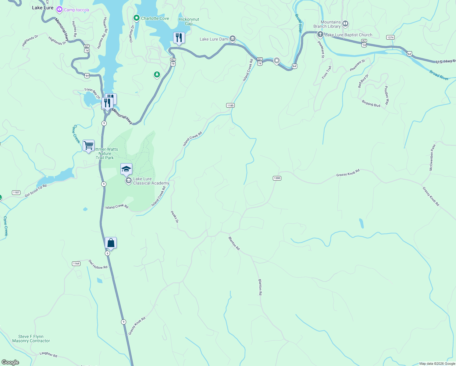 map of restaurants, bars, coffee shops, grocery stores, and more near 173 Cozy Lane in Lake Lure