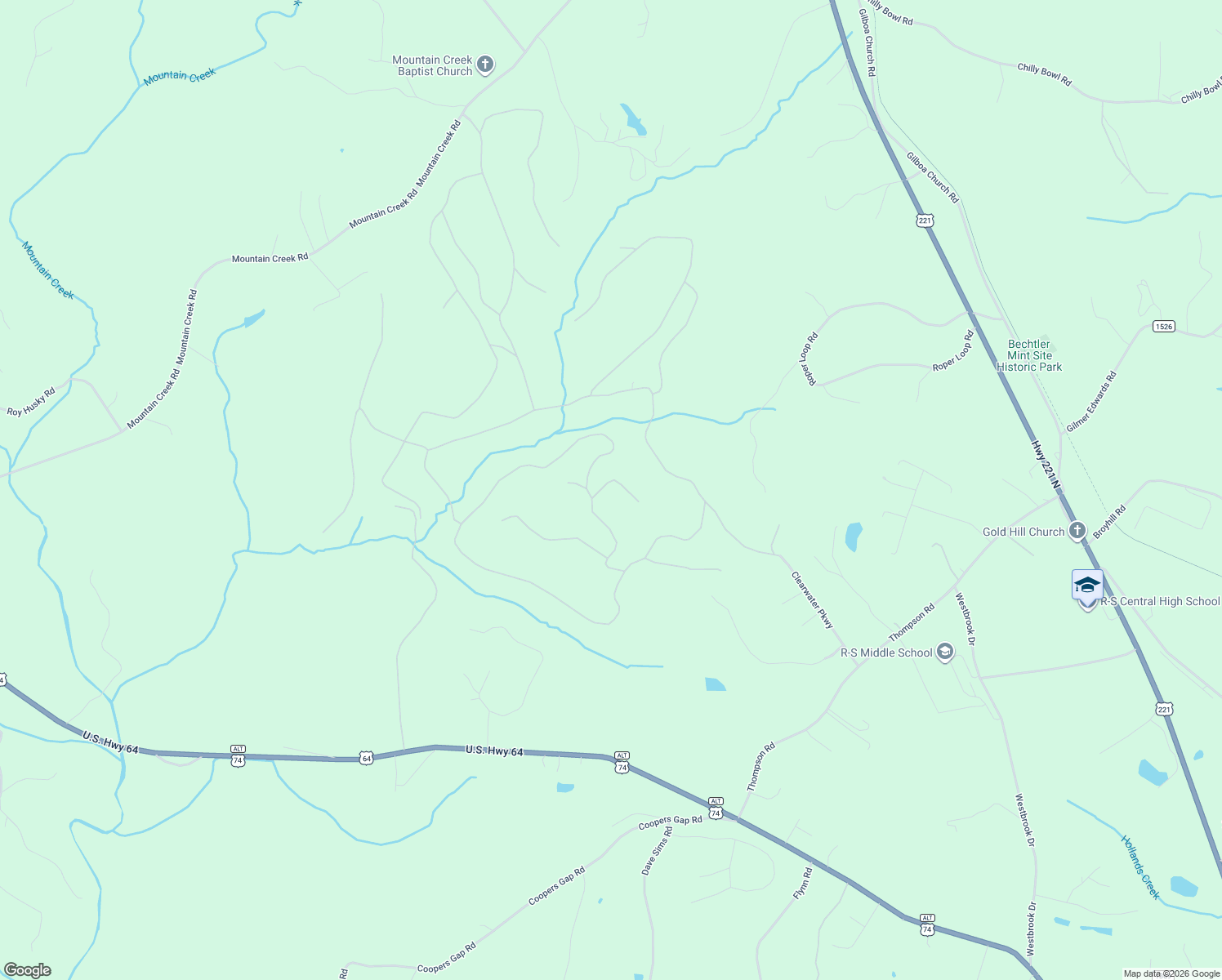 map of restaurants, bars, coffee shops, grocery stores, and more near 142 Burnt Chimney Lane in Rutherfordton