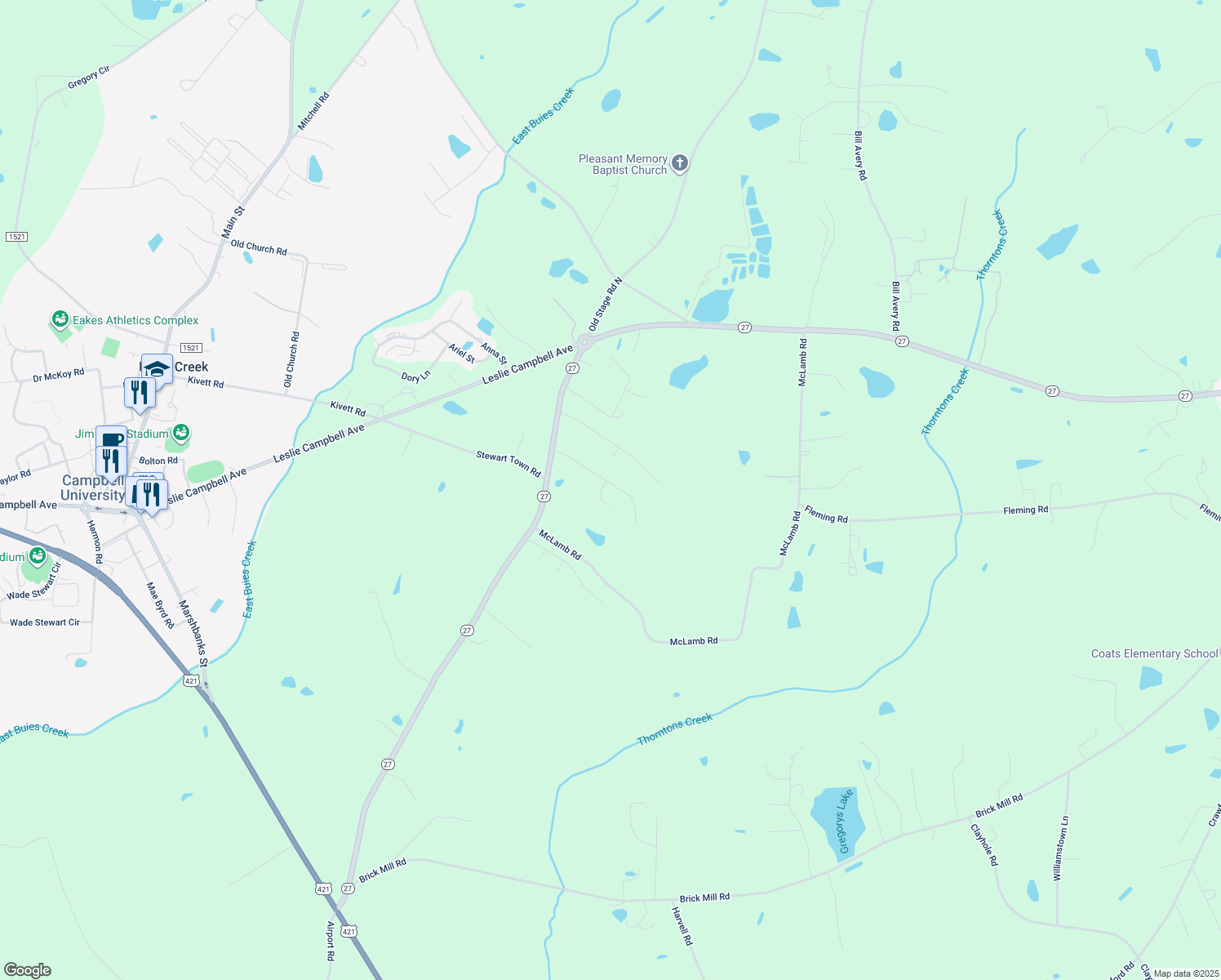 map of restaurants, bars, coffee shops, grocery stores, and more near 222 Arbor Crest Lane in Lillington