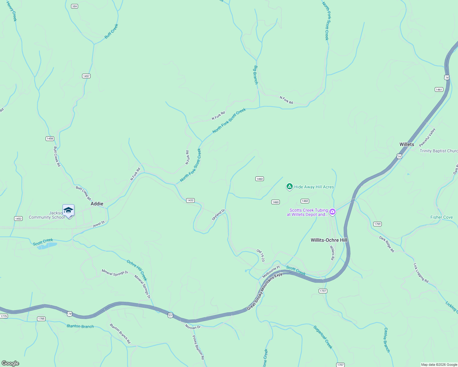 map of restaurants, bars, coffee shops, grocery stores, and more near 1910 Henry Road in Sylva