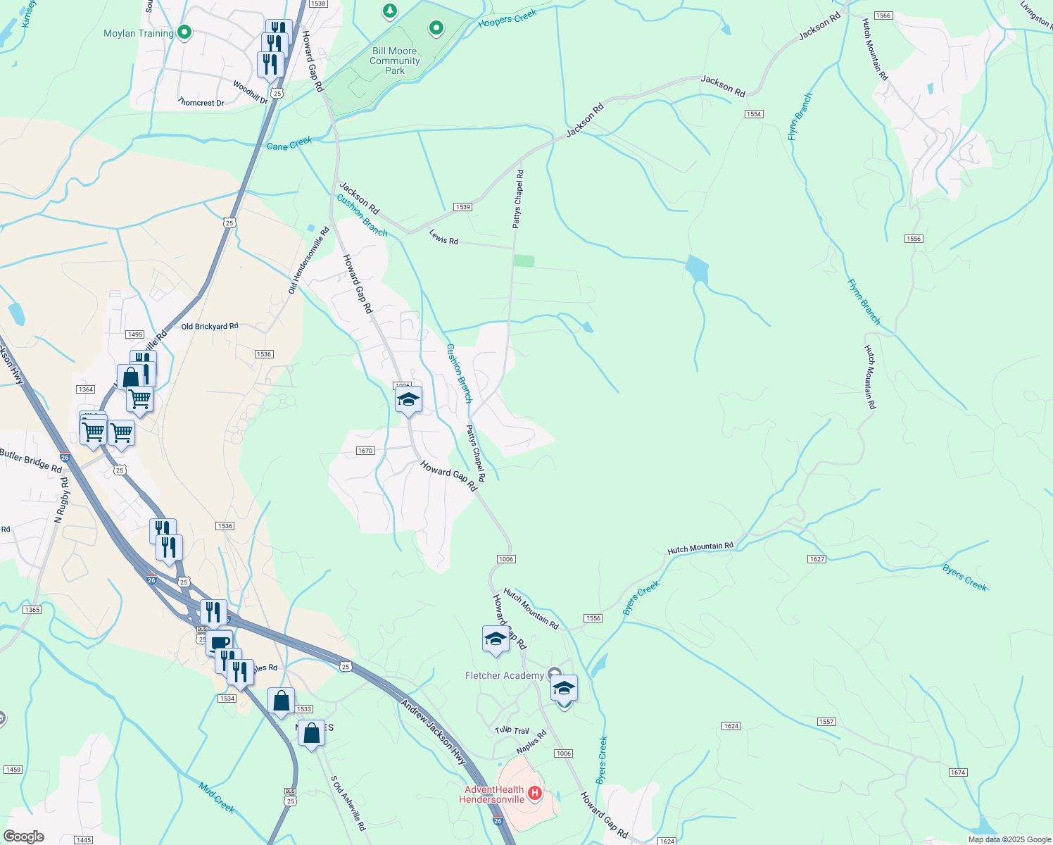 map of restaurants, bars, coffee shops, grocery stores, and more near 107 Forsythia Hedge Drive in Fletcher