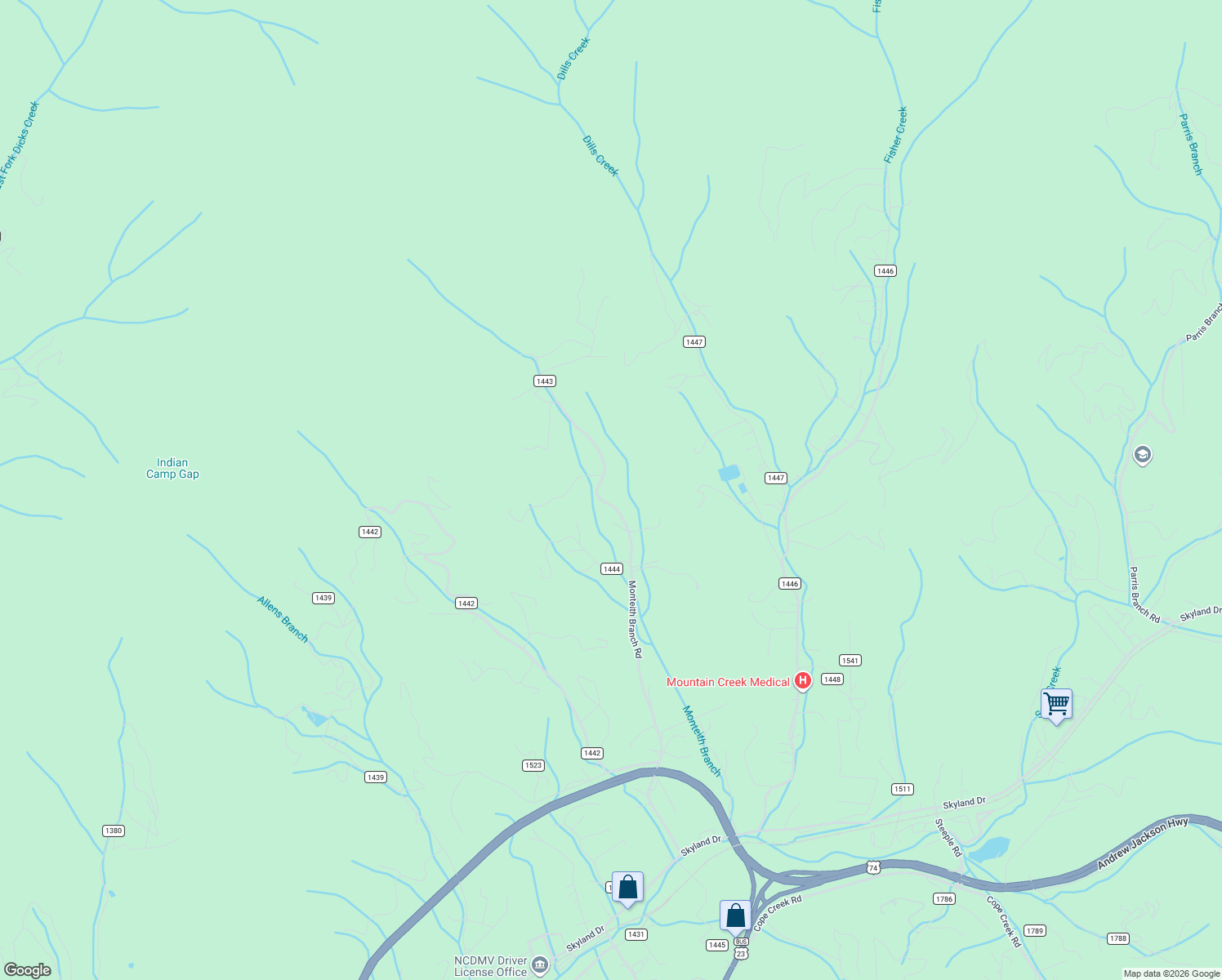 map of restaurants, bars, coffee shops, grocery stores, and more near 1226 Monteith Branch Road in Sylva