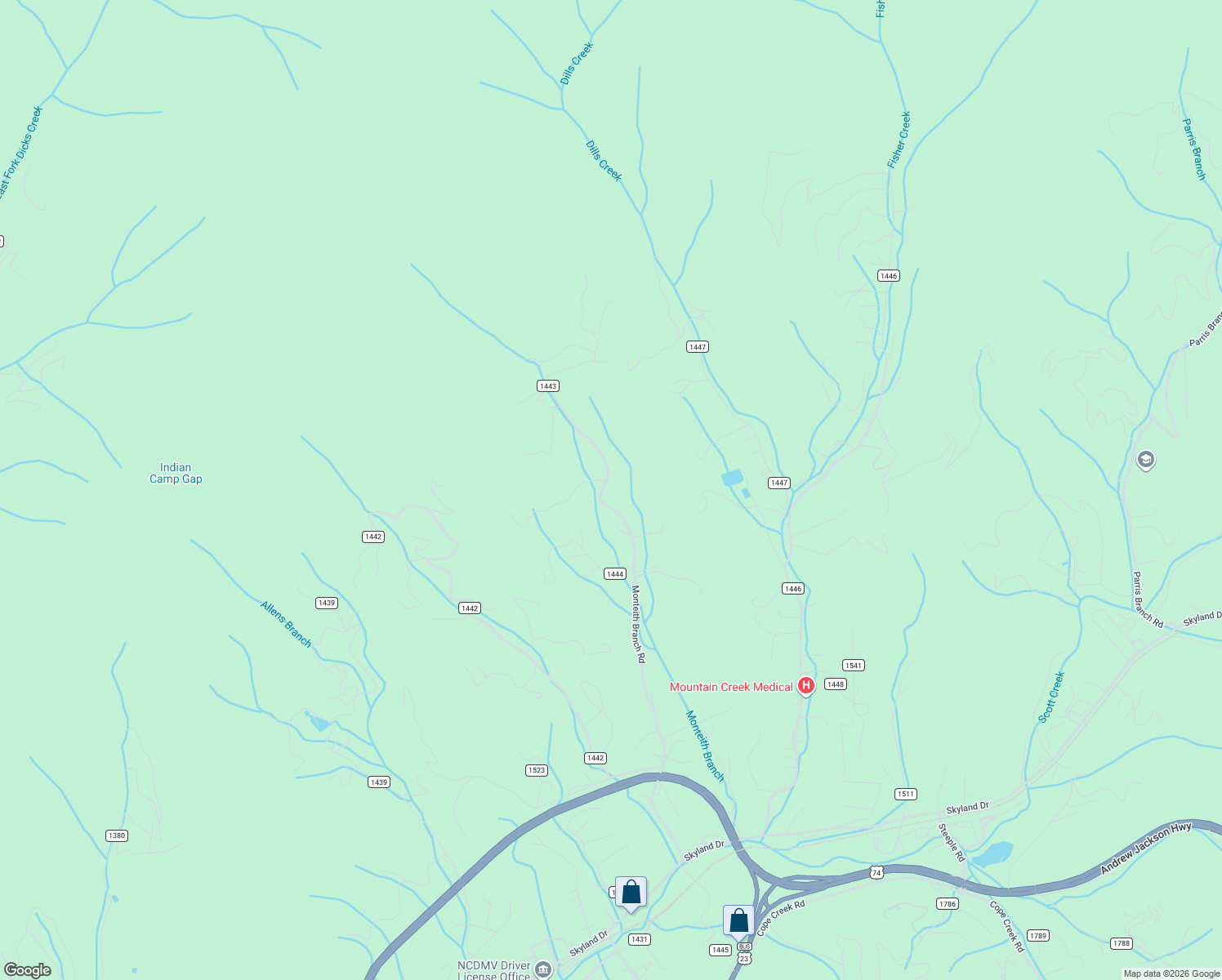 map of restaurants, bars, coffee shops, grocery stores, and more near 1226 Monteith Branch Road in Sylva