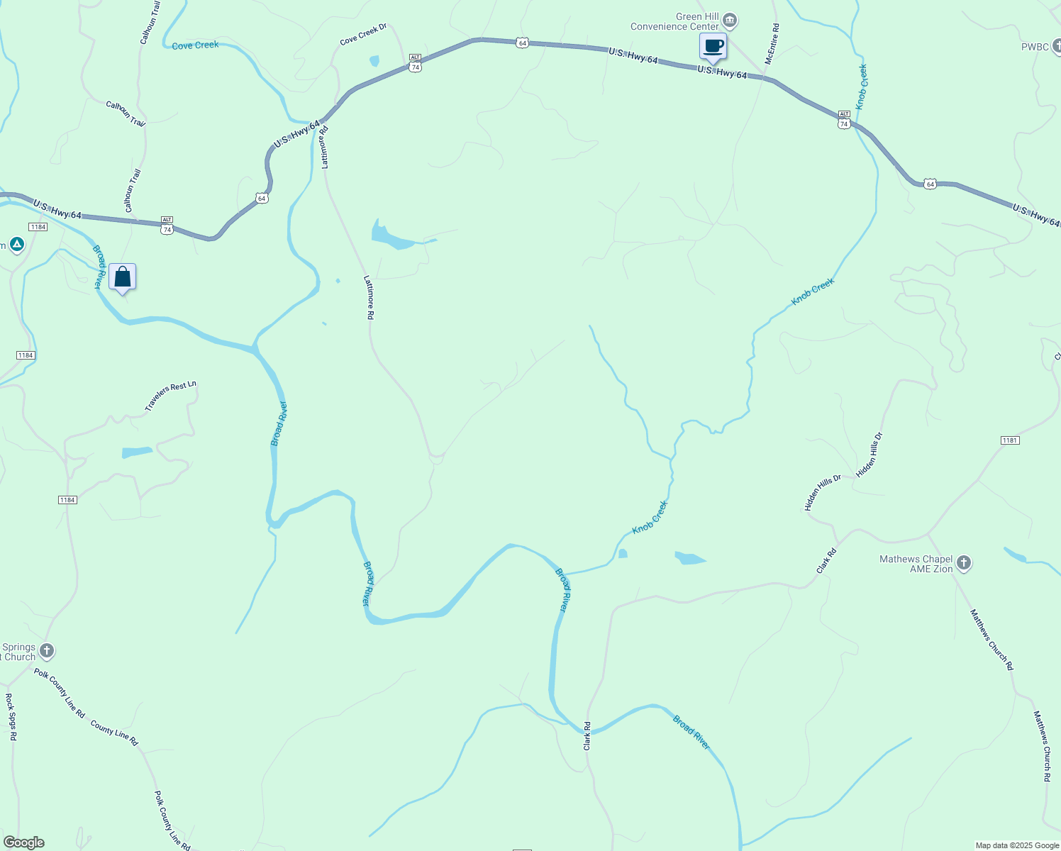 map of restaurants, bars, coffee shops, grocery stores, and more near 986 Lattimore Road in Rutherfordton
