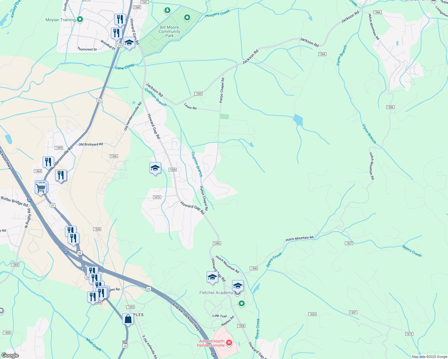 map of restaurants, bars, coffee shops, grocery stores, and more near 107 Forsythia Hedge Drive in Fletcher