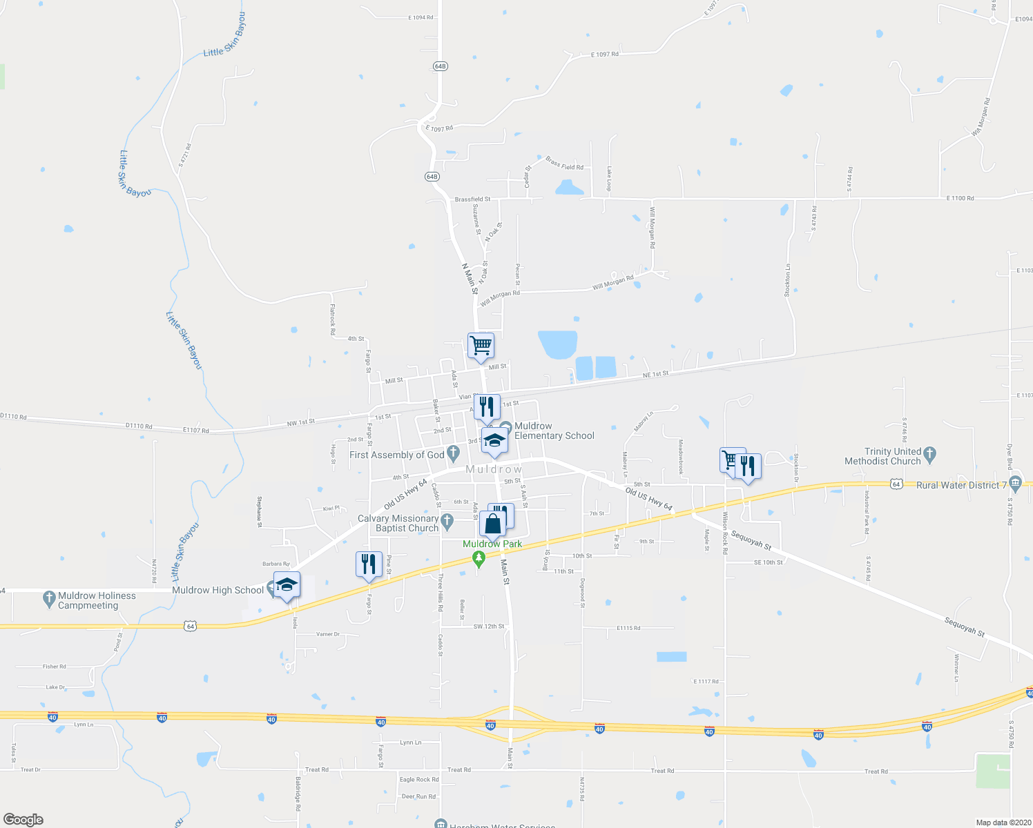 map of restaurants, bars, coffee shops, grocery stores, and more near 111 South Ash Street in Muldrow