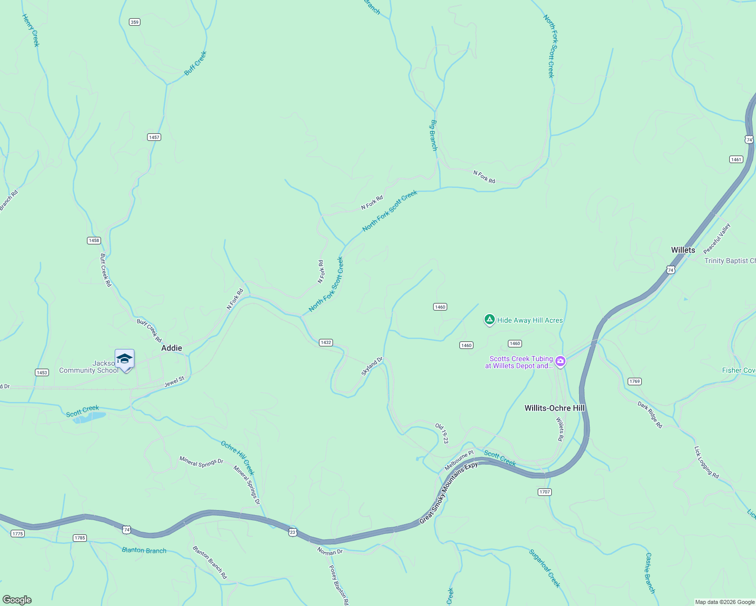 map of restaurants, bars, coffee shops, grocery stores, and more near 1910 Henry Road in Sylva