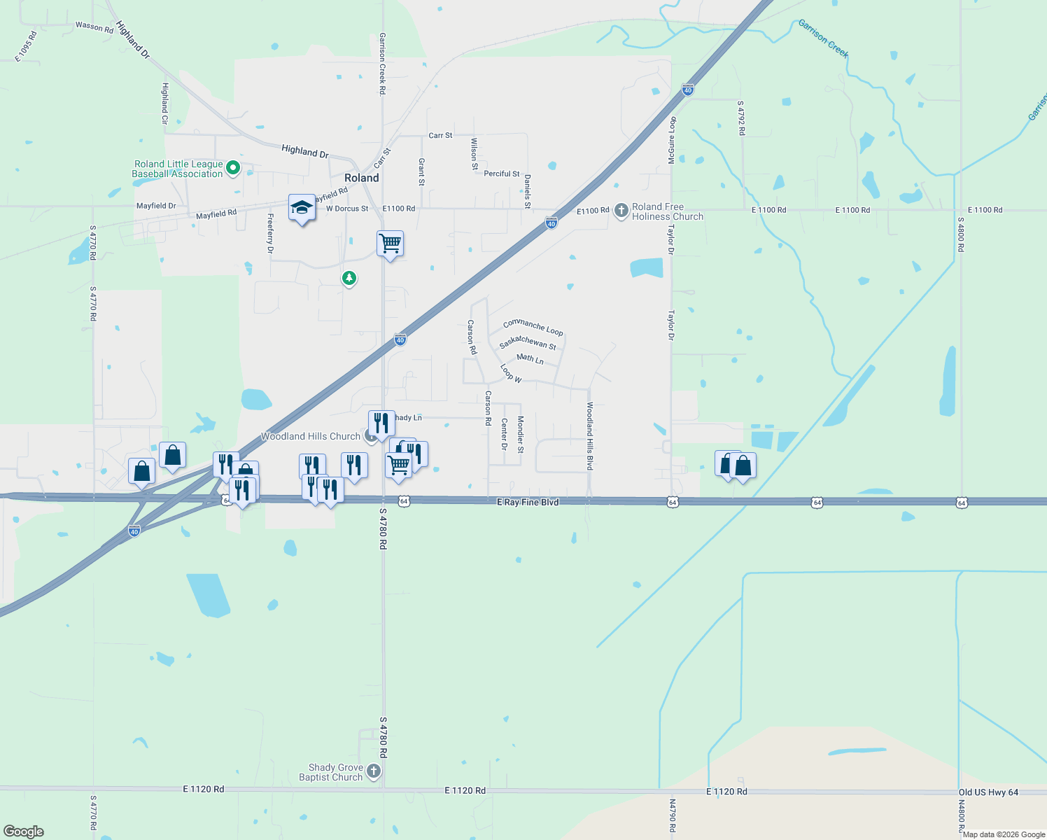 map of restaurants, bars, coffee shops, grocery stores, and more near 112 Mondier Street in Roland
