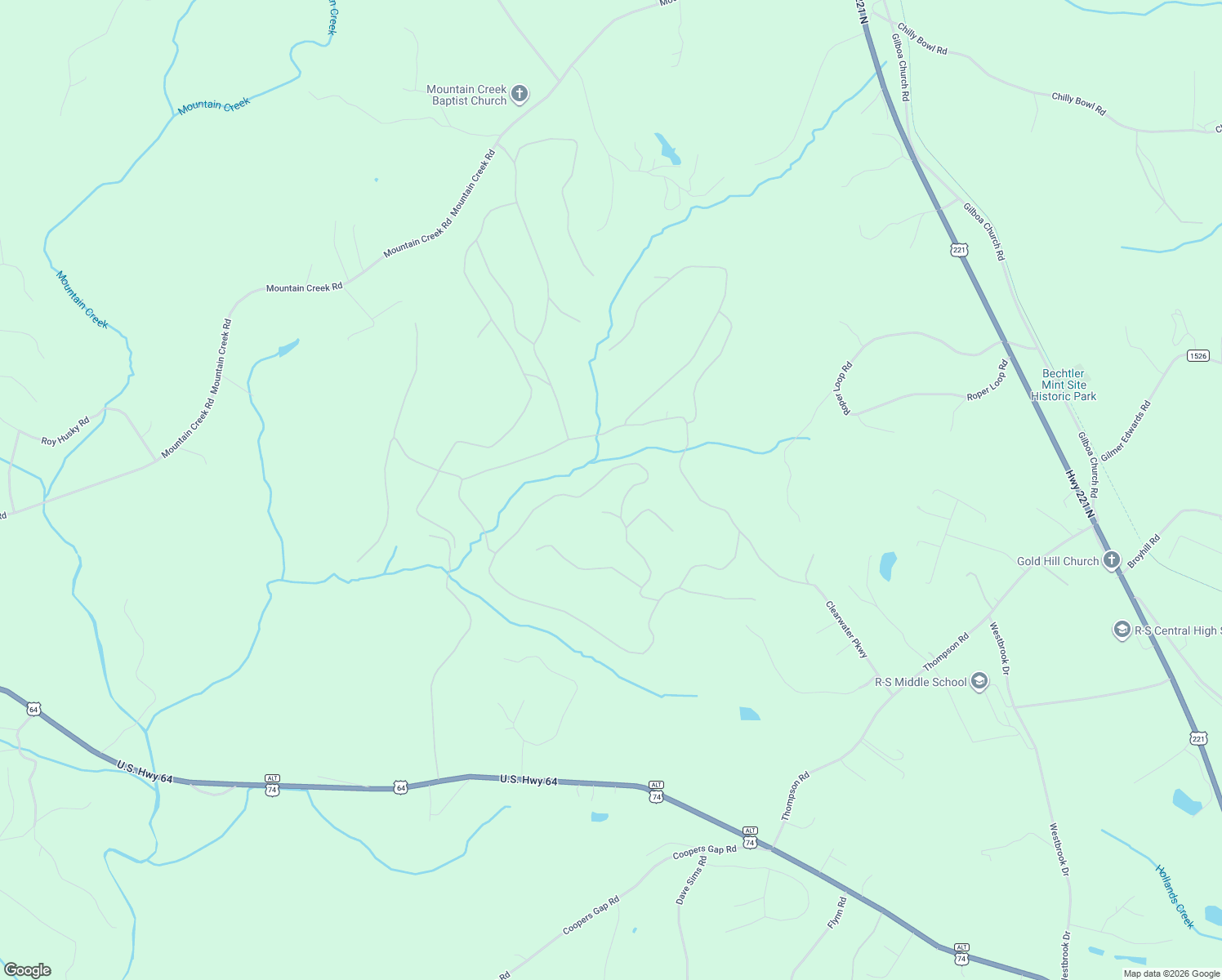 map of restaurants, bars, coffee shops, grocery stores, and more near 454 Creekside Circle in Rutherfordton