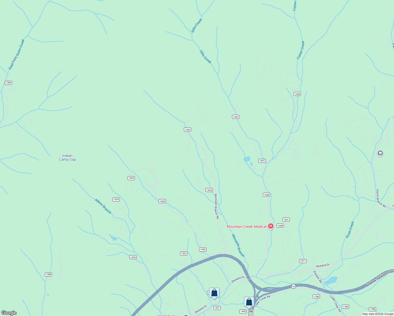 map of restaurants, bars, coffee shops, grocery stores, and more near 1249 Monteith Branch Road in Sylva