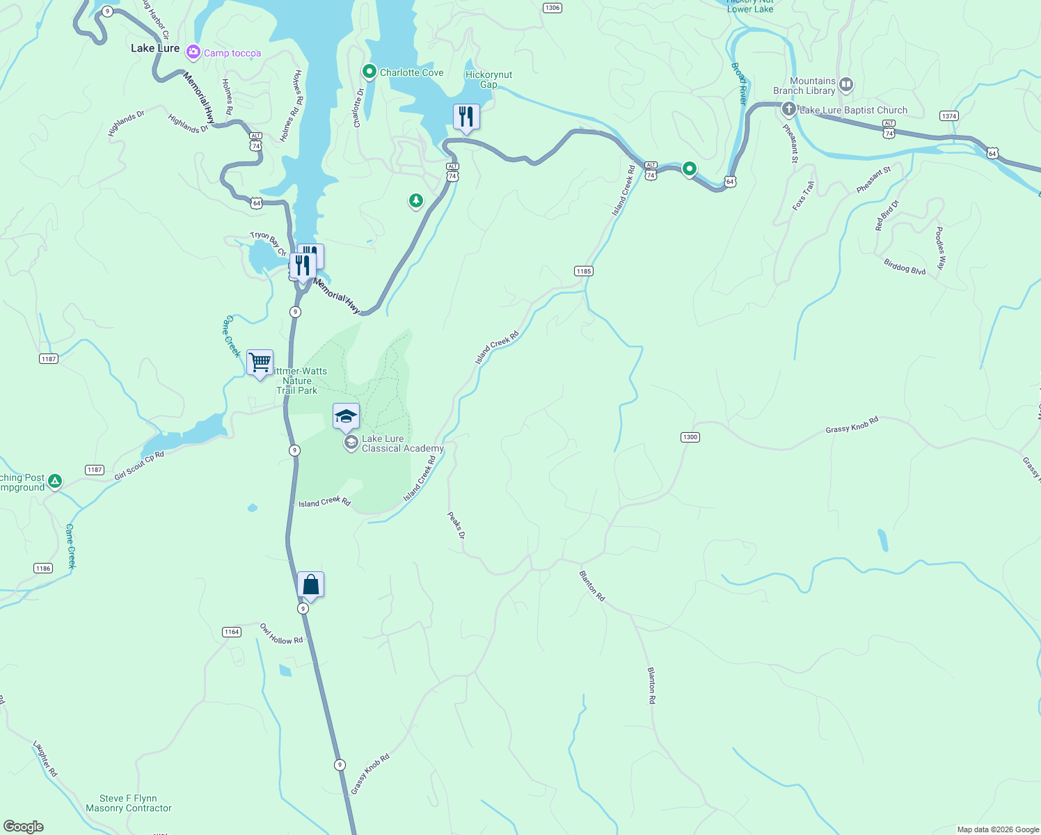 map of restaurants, bars, coffee shops, grocery stores, and more near 415 Boulder Ridge in Lake Lure