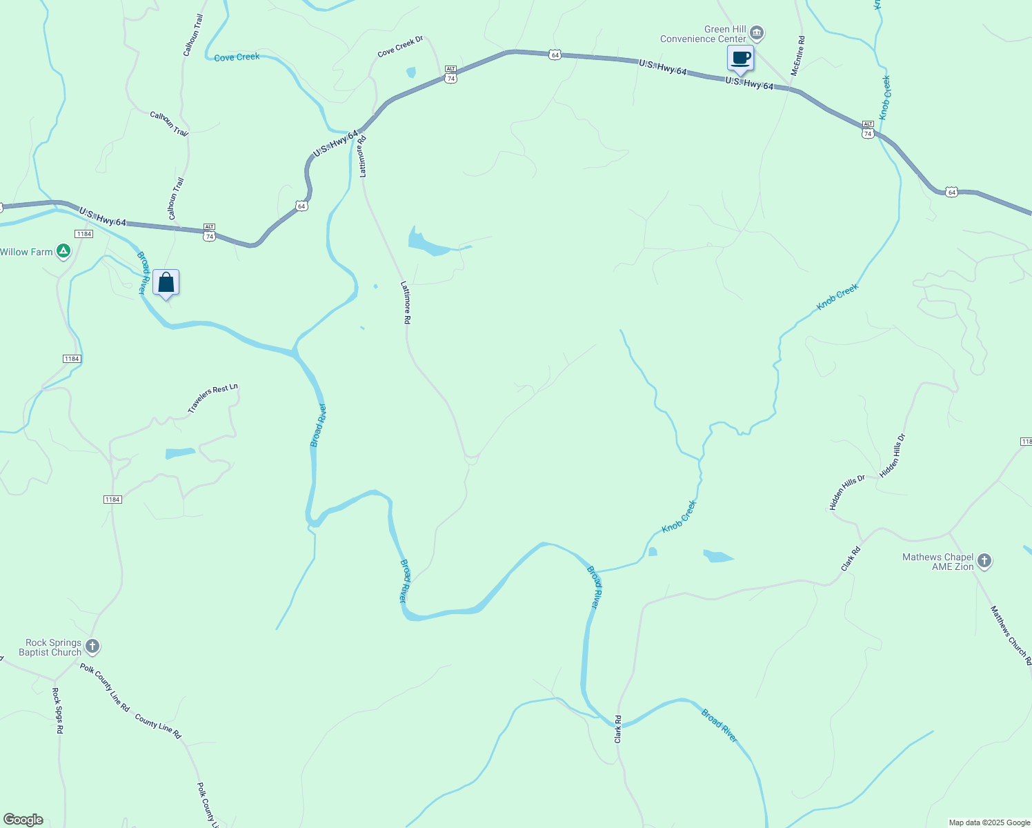 map of restaurants, bars, coffee shops, grocery stores, and more near 986 Lattimore Road in Rutherfordton