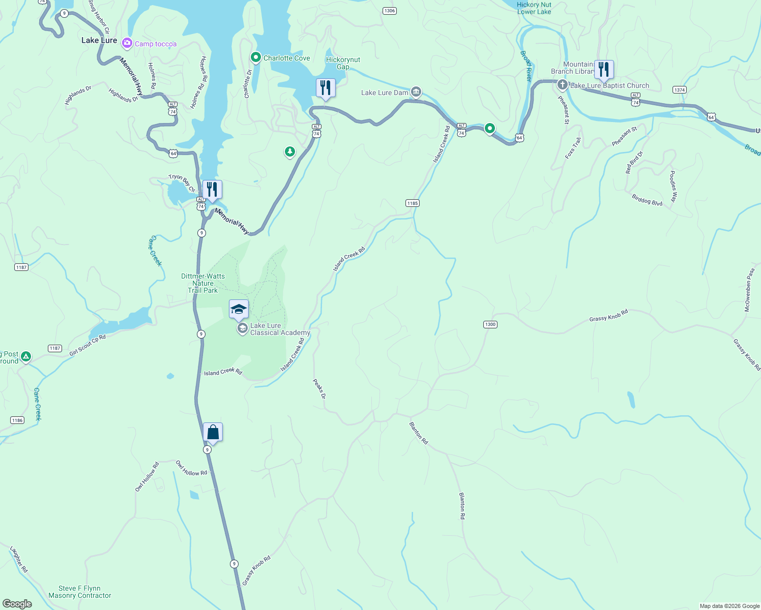 map of restaurants, bars, coffee shops, grocery stores, and more near 590 Boulder Ridge in Lake Lure