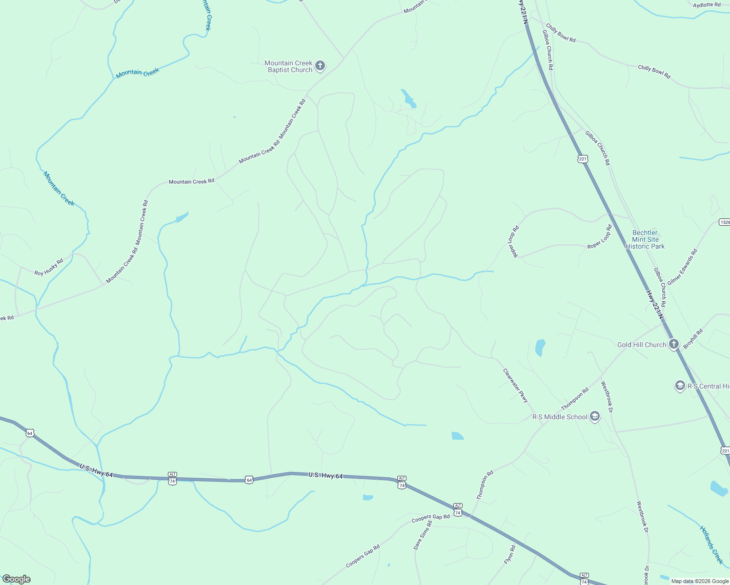 map of restaurants, bars, coffee shops, grocery stores, and more near 454 Creekside Circle in Rutherfordton