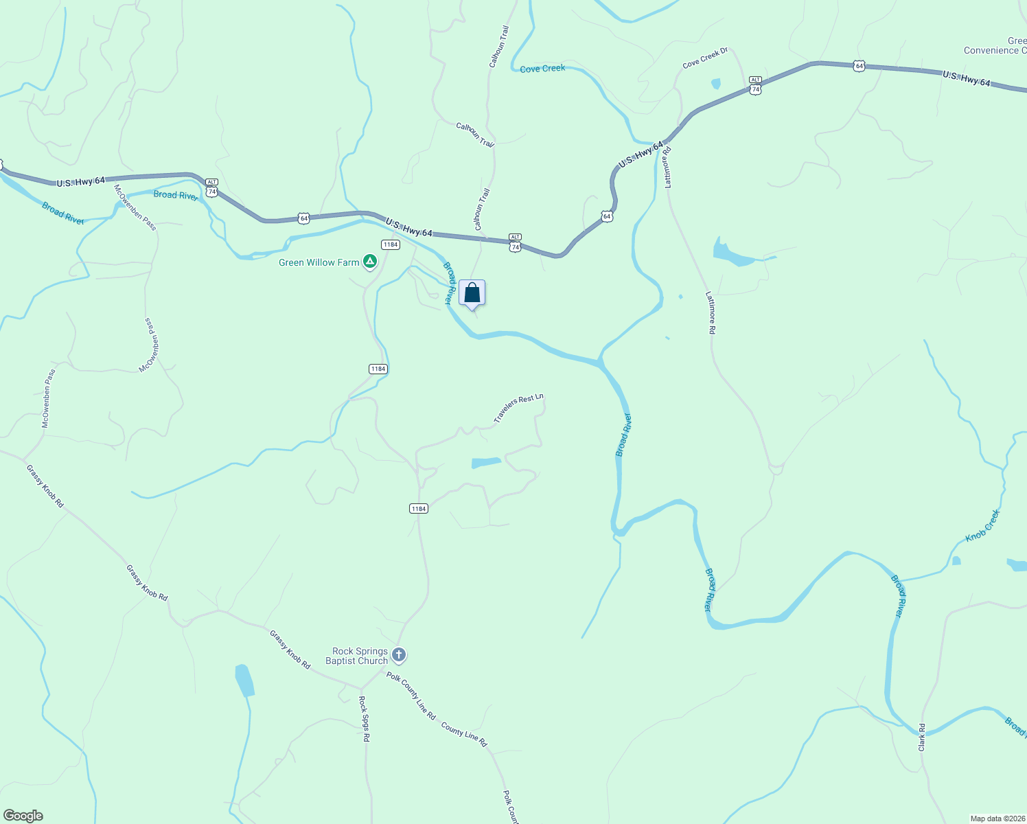 map of restaurants, bars, coffee shops, grocery stores, and more near 419 Travelers Rest Lane in Rutherfordton