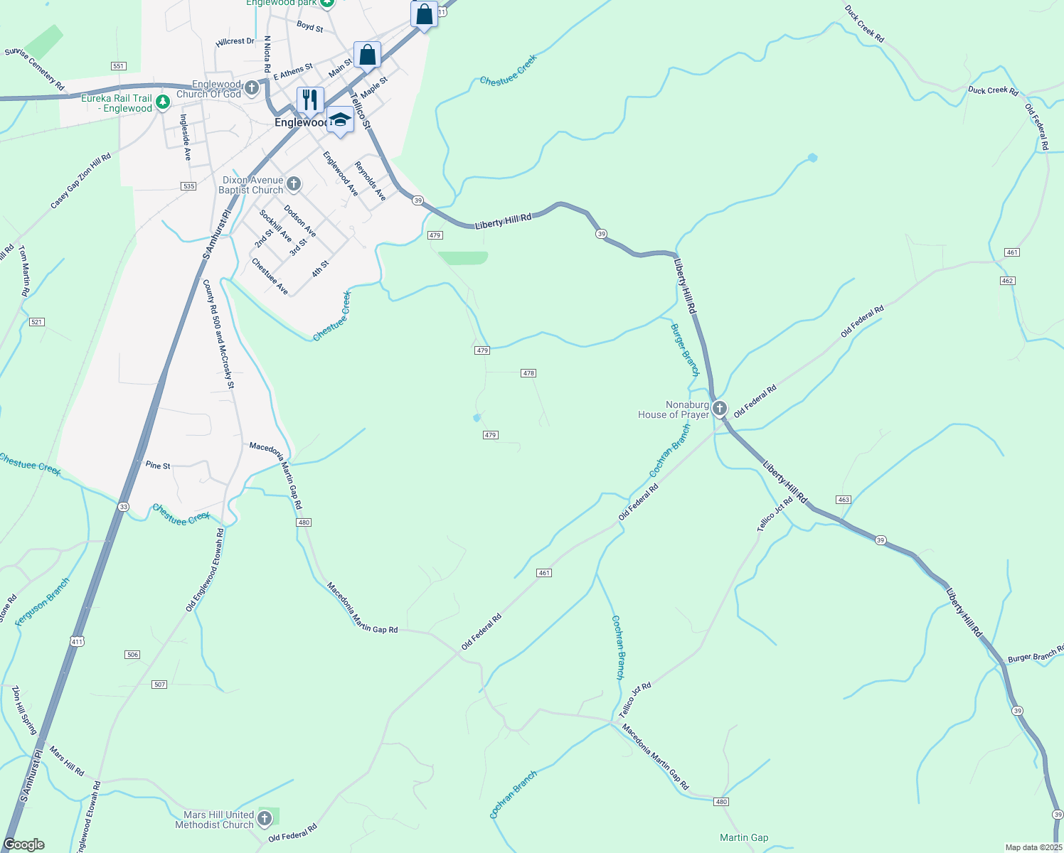 map of restaurants, bars, coffee shops, grocery stores, and more near 156 County Road 478 in Englewood