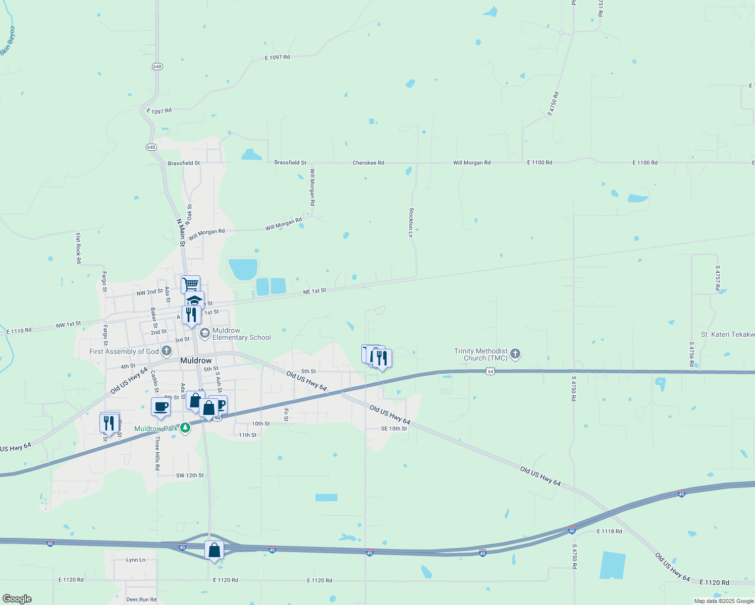 map of restaurants, bars, coffee shops, grocery stores, and more near Wilson Rock Road in Muldrow
