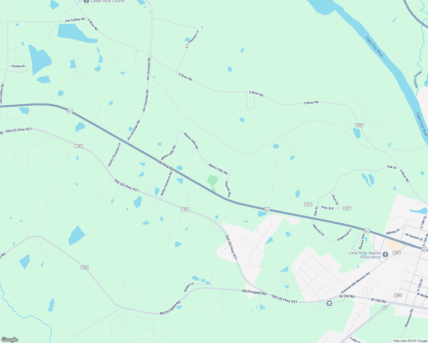 map of restaurants, bars, coffee shops, grocery stores, and more near 127 Manor Hills Road in Lillington