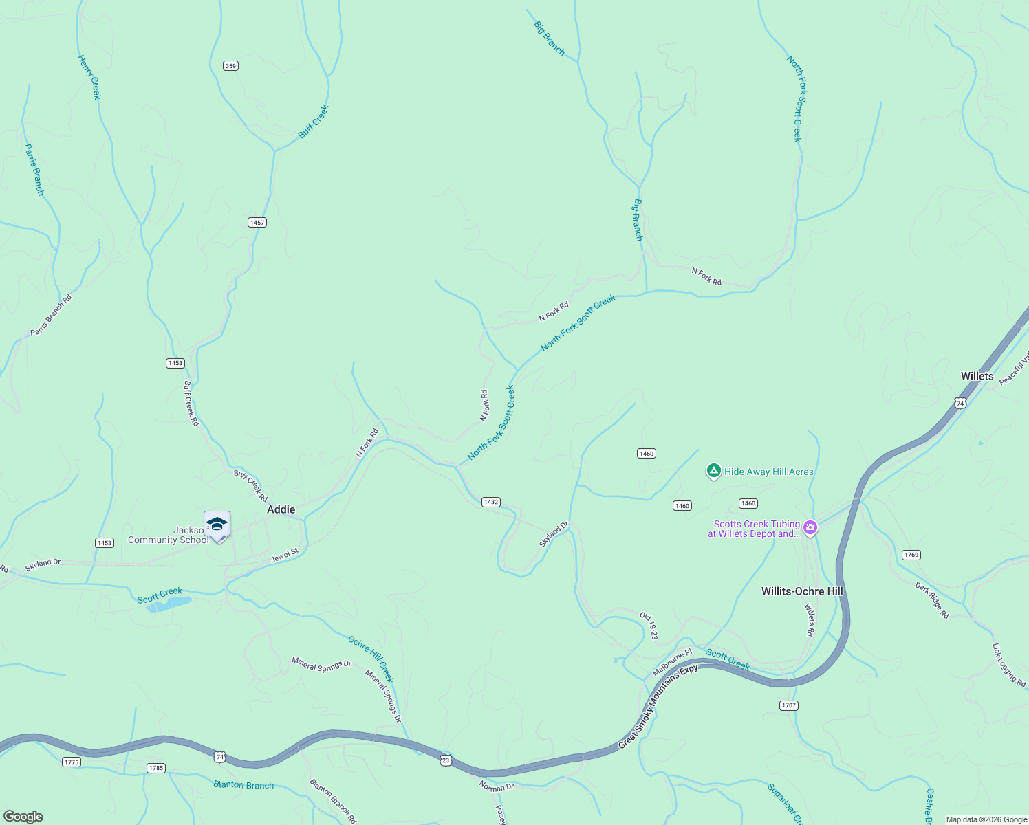 map of restaurants, bars, coffee shops, grocery stores, and more near 326 Upper North Fork Creek Road in Sylva