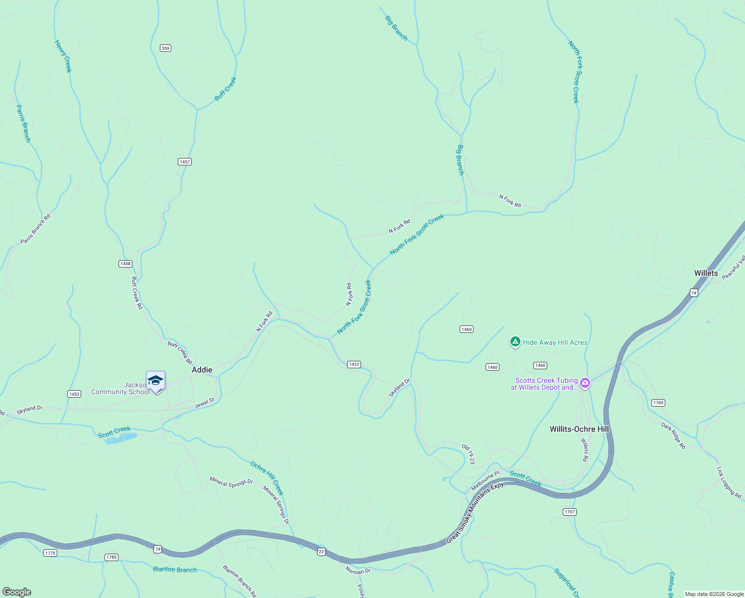 map of restaurants, bars, coffee shops, grocery stores, and more near 326 Upper North Fork Creek Road in Sylva