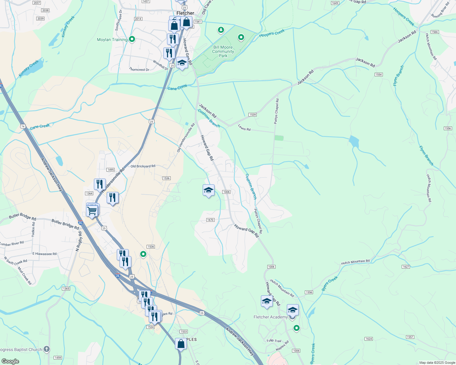 map of restaurants, bars, coffee shops, grocery stores, and more near 405-469 Howard Gap Road in Fletcher