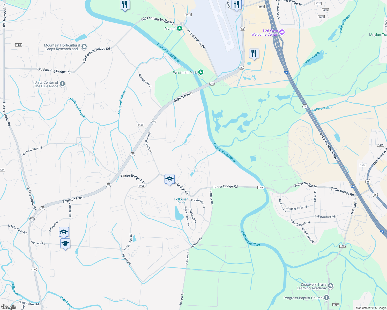 map of restaurants, bars, coffee shops, grocery stores, and more near 118 Creeks End Circle in Mills River