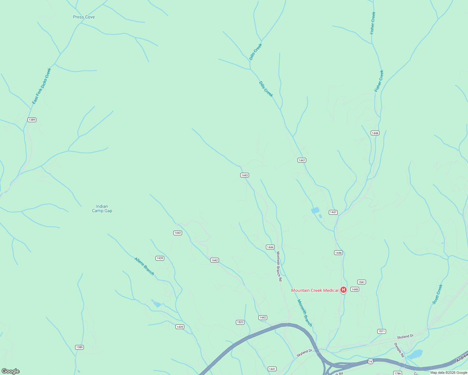 map of restaurants, bars, coffee shops, grocery stores, and more near 32 Razorback Trail in Sylva