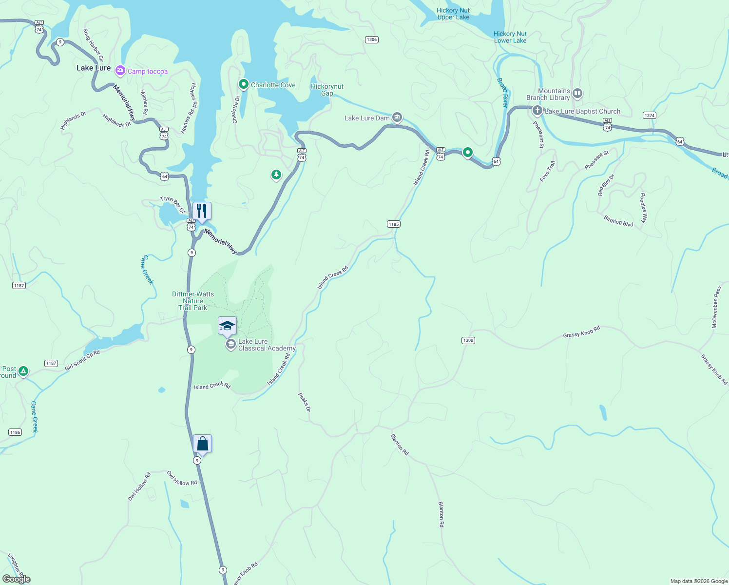 map of restaurants, bars, coffee shops, grocery stores, and more near 590 Boulder Ridge in Lake Lure