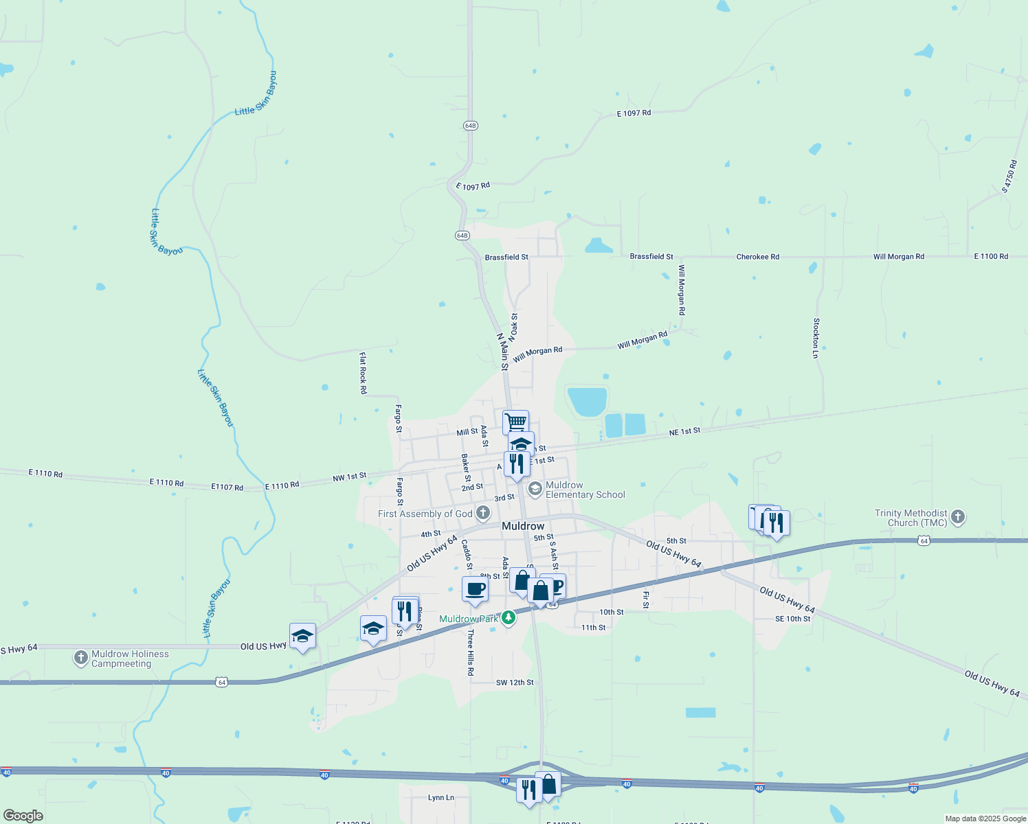 map of restaurants, bars, coffee shops, grocery stores, and more near 205 North Main Street in Muldrow