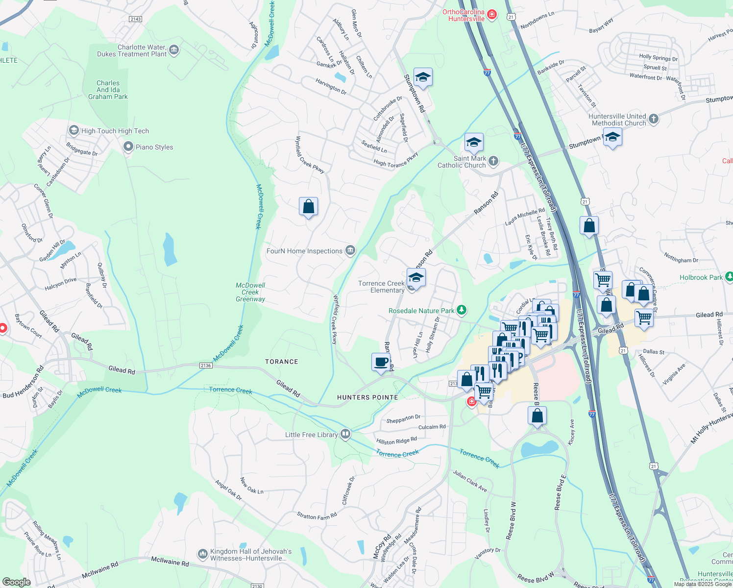 map of restaurants, bars, coffee shops, grocery stores, and more near 14904 Stonegreen Lane in Huntersville