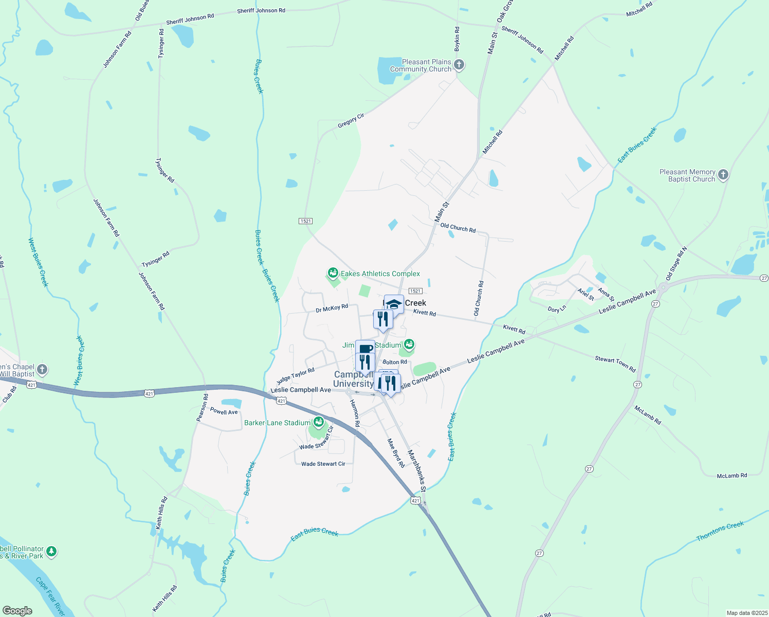 map of restaurants, bars, coffee shops, grocery stores, and more near 109 Hartwell Circle in Lillington