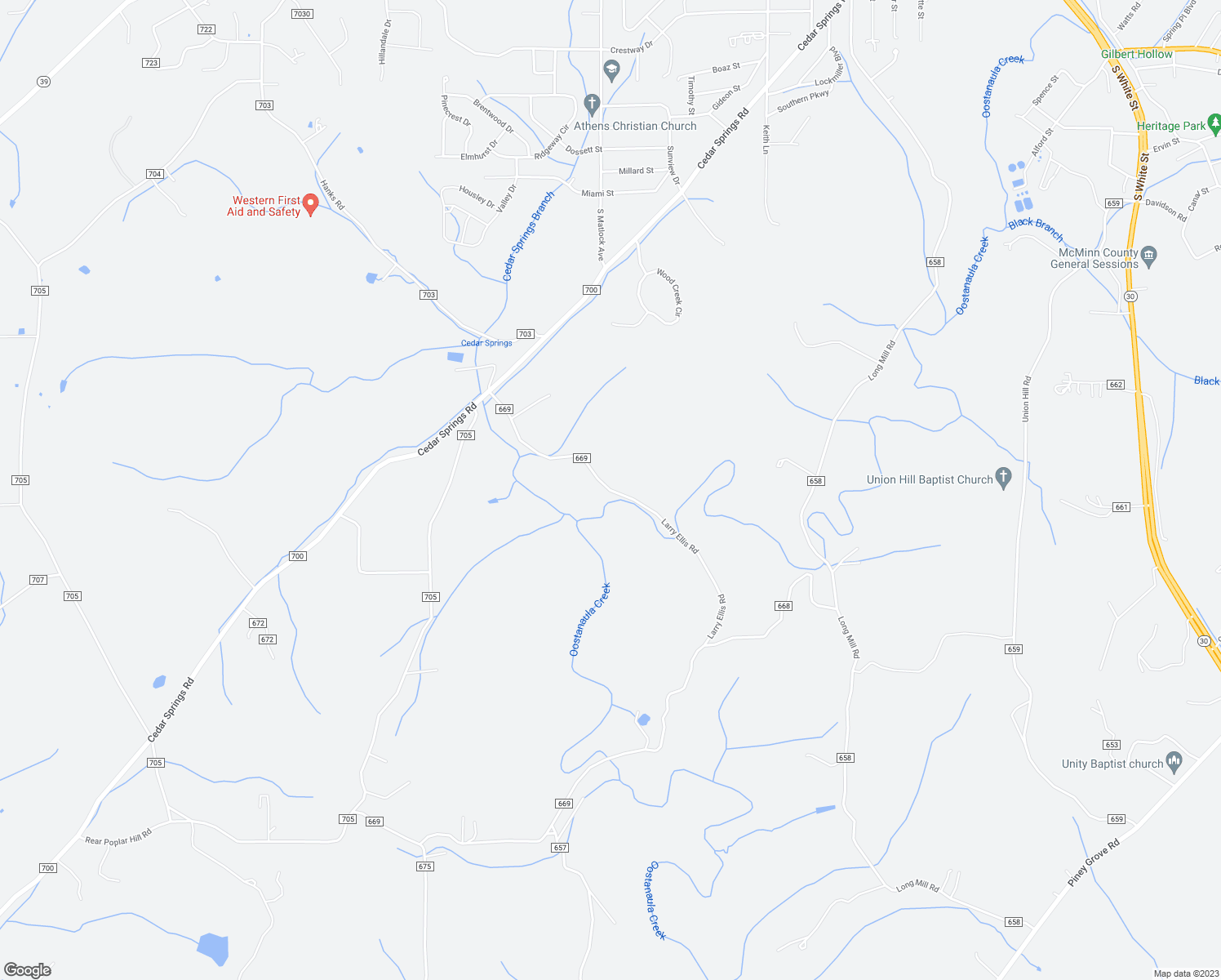 map of restaurants, bars, coffee shops, grocery stores, and more near County Road 669 in Athens