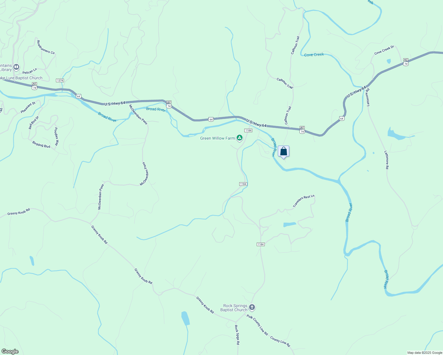 map of restaurants, bars, coffee shops, grocery stores, and more near 300 Rock Springs Road in Rutherfordton