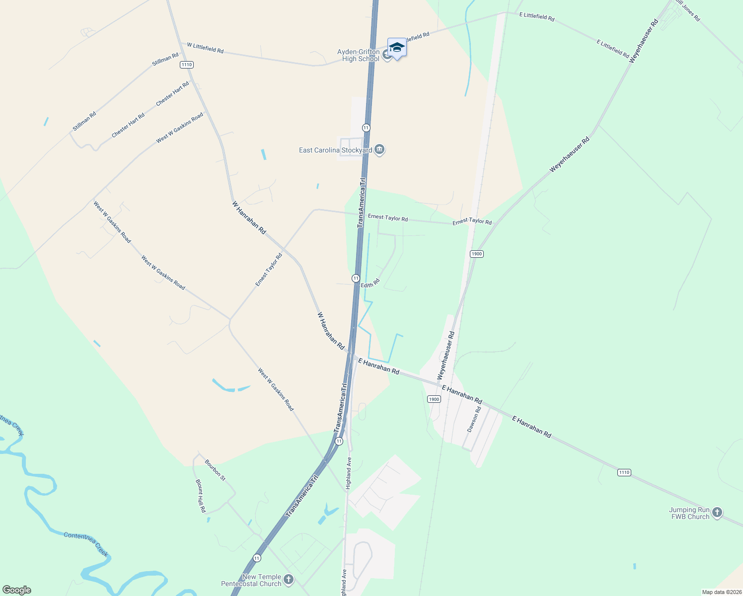 map of restaurants, bars, coffee shops, grocery stores, and more near 5725 Edith Road in Ayden