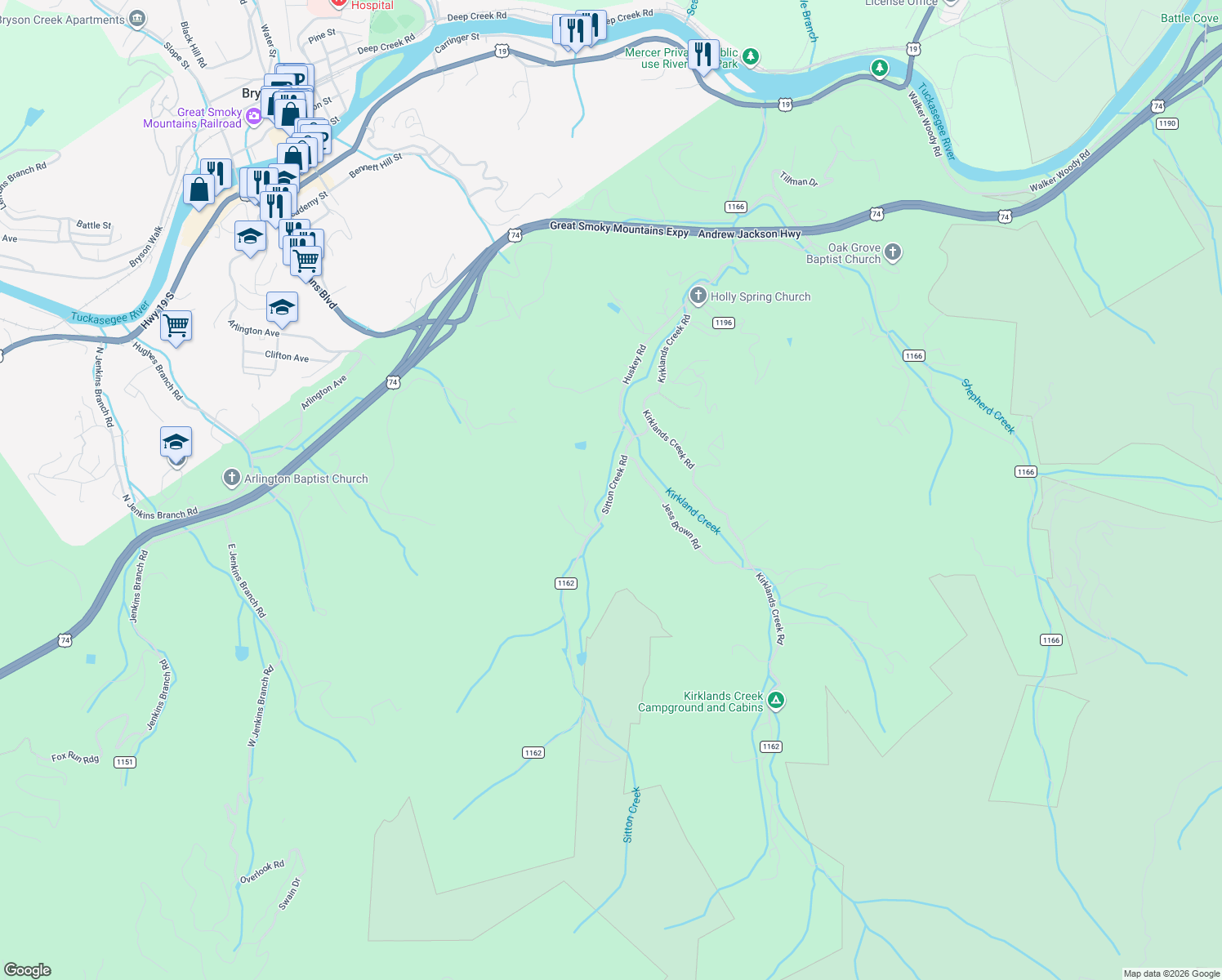 map of restaurants, bars, coffee shops, grocery stores, and more near 162-384 State Road 1162 in Bryson City