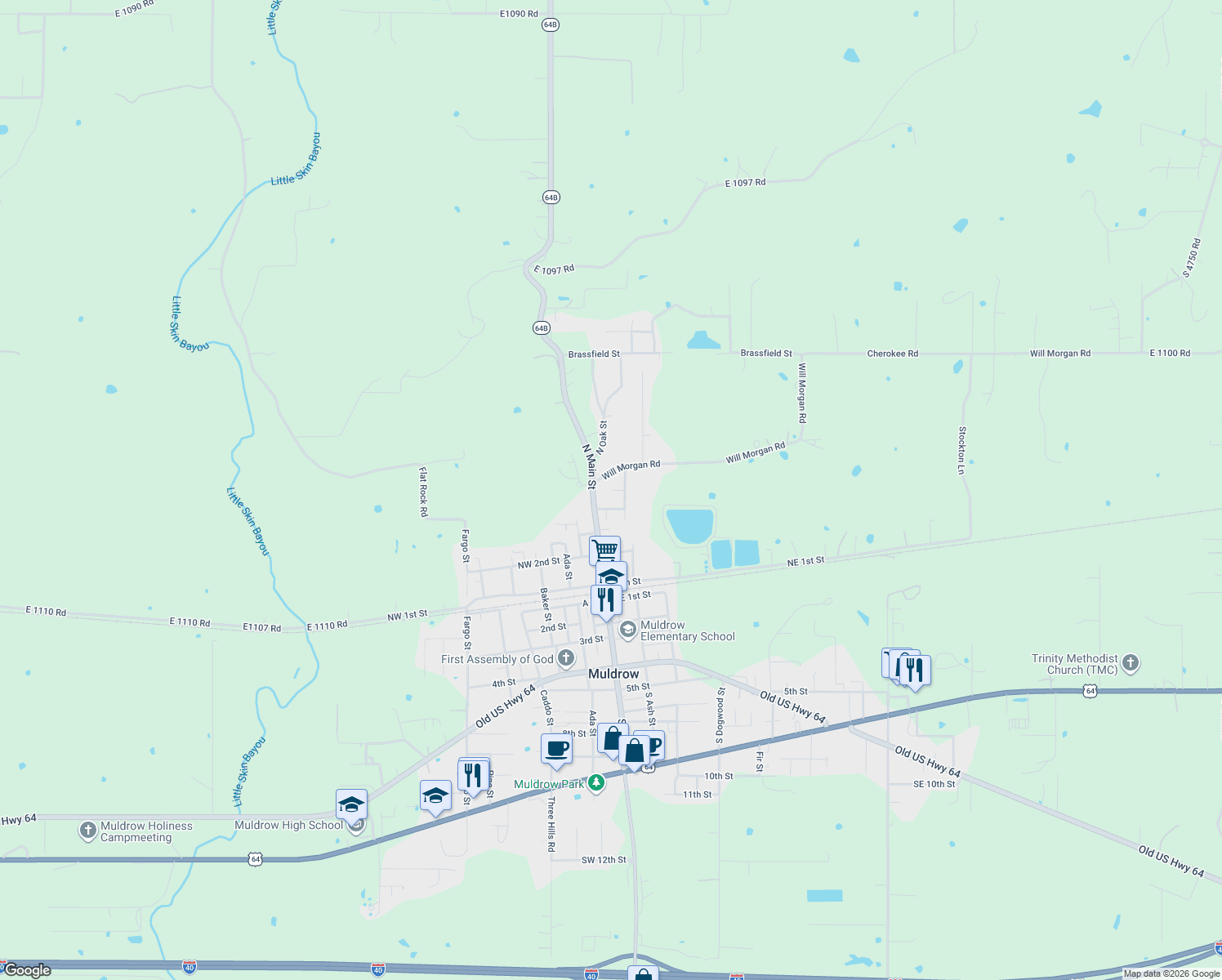 map of restaurants, bars, coffee shops, grocery stores, and more near 108 Cardinal Circle in Muldrow