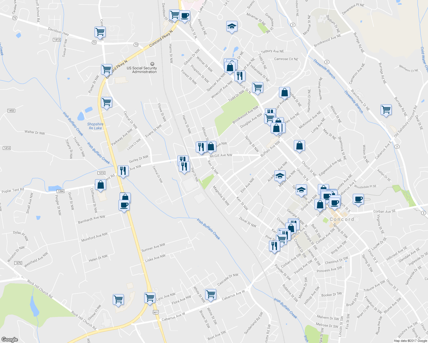 map of restaurants, bars, coffee shops, grocery stores, and more near 389 Kerr Street Northwest in Concord