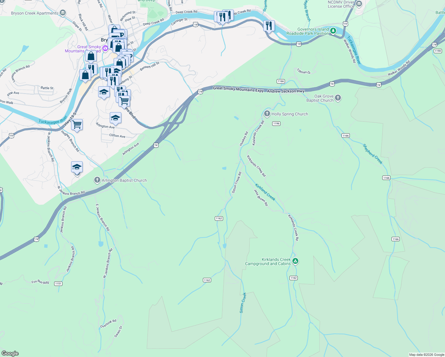 map of restaurants, bars, coffee shops, grocery stores, and more near 183 Sitton Creek Road in Bryson City