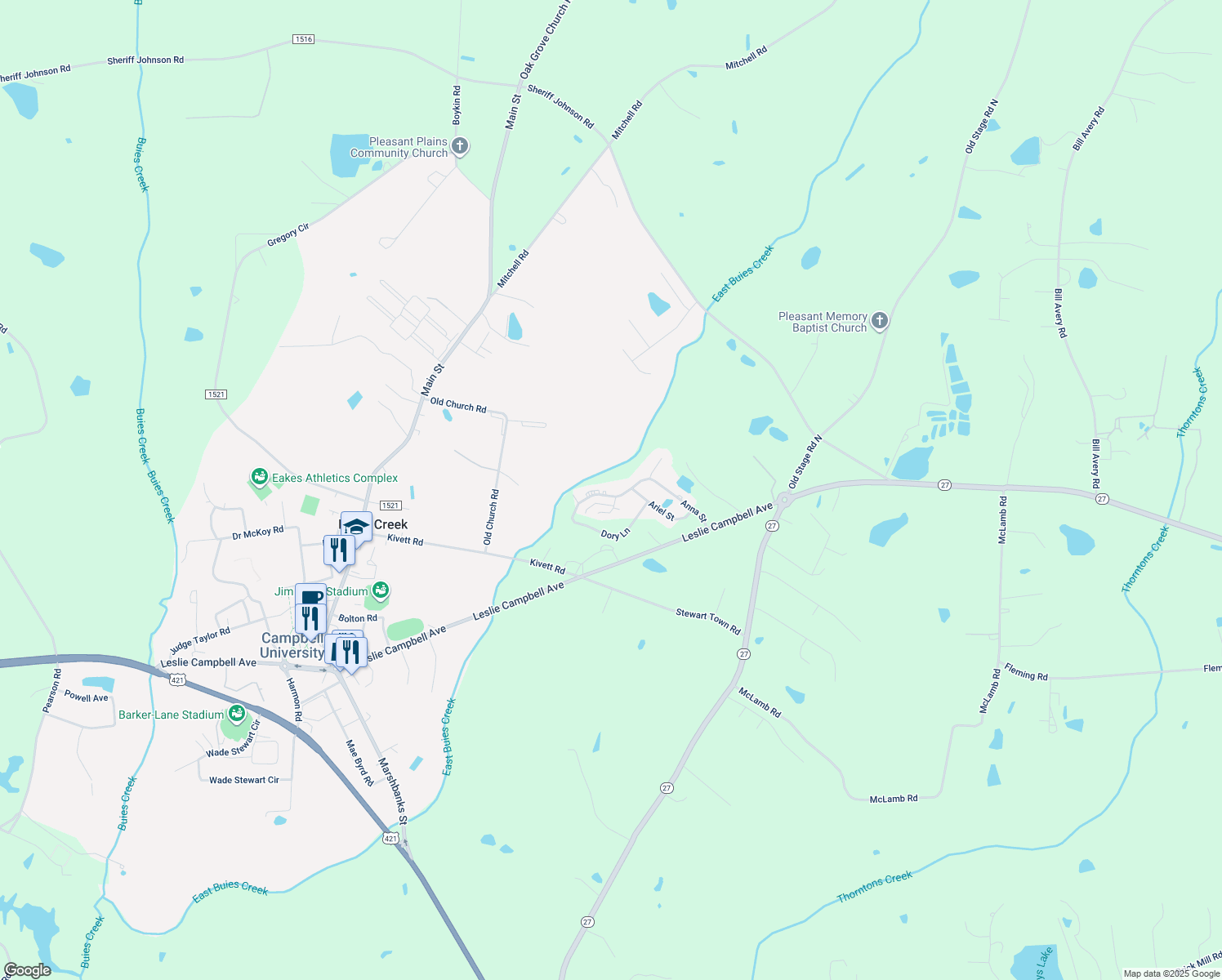 map of restaurants, bars, coffee shops, grocery stores, and more near 350 Anna Street in Lillington