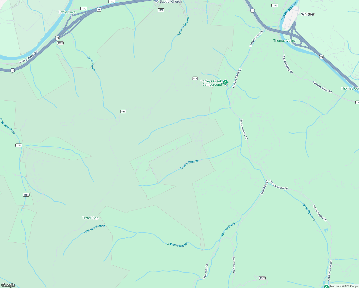 map of restaurants, bars, coffee shops, grocery stores, and more near 130 Oak Ridge Lane in Bryson City