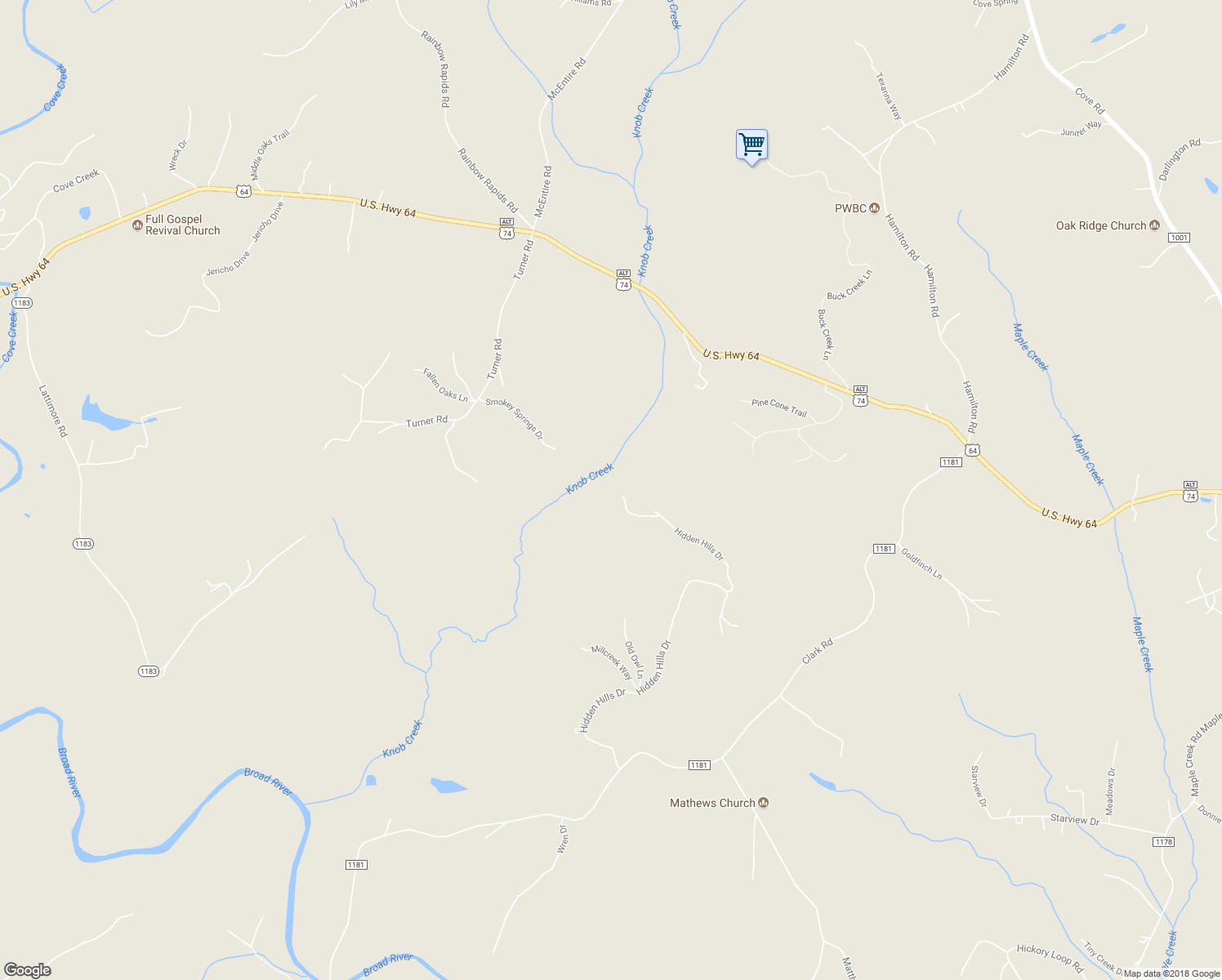 map of restaurants, bars, coffee shops, grocery stores, and more near 167 Balfour Drive in Rutherfordton