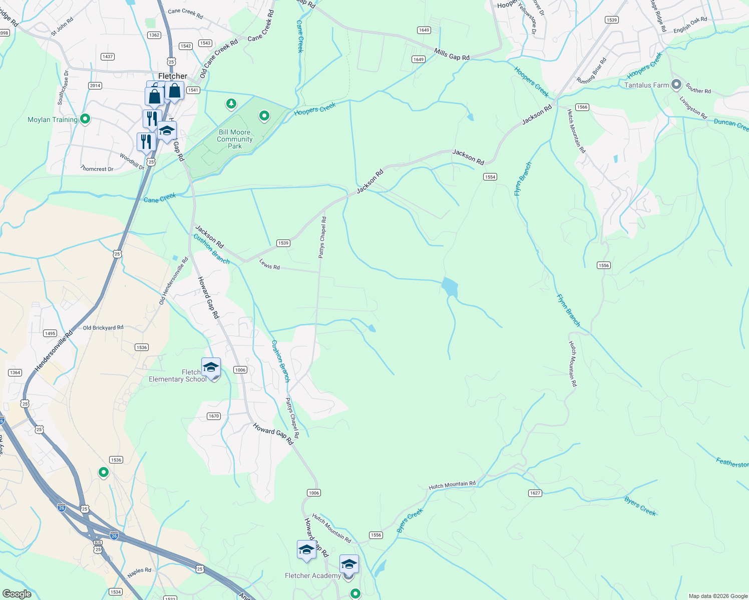 map of restaurants, bars, coffee shops, grocery stores, and more near 215 Benetta Lane in Fletcher
