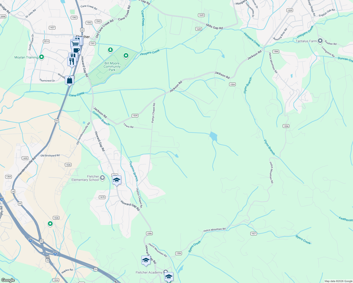 map of restaurants, bars, coffee shops, grocery stores, and more near 215 Benetta Lane in Fletcher