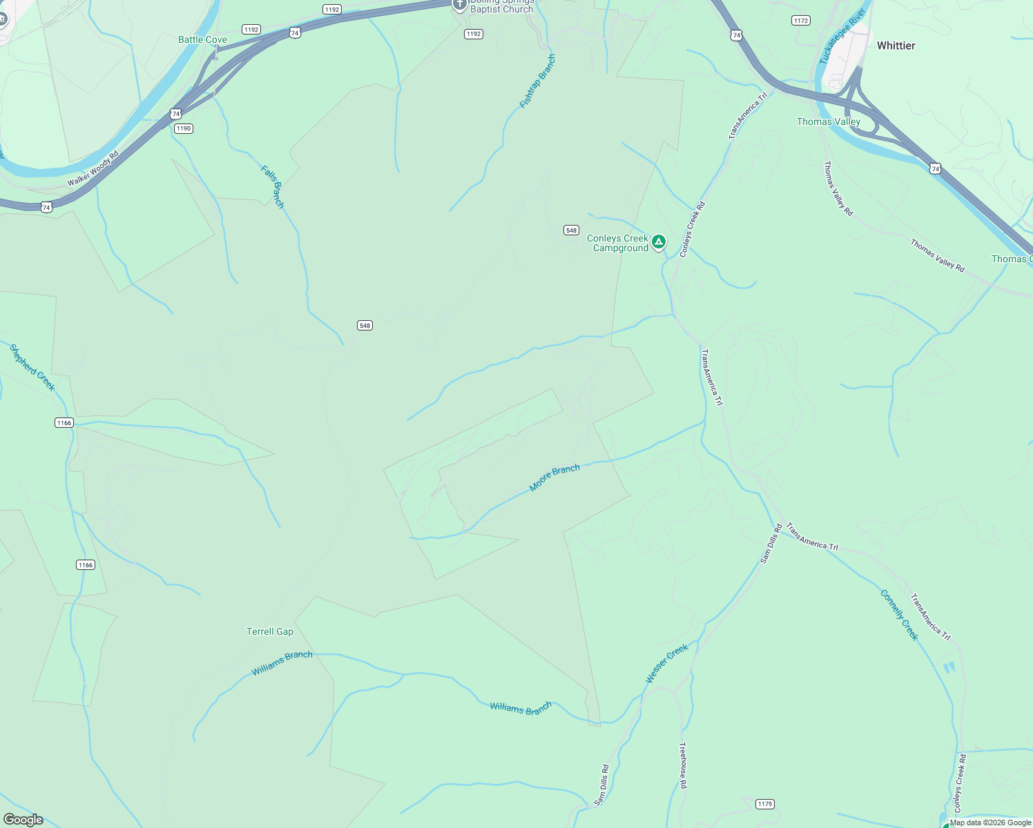 map of restaurants, bars, coffee shops, grocery stores, and more near 130 Oak Ridge Lane in Bryson City