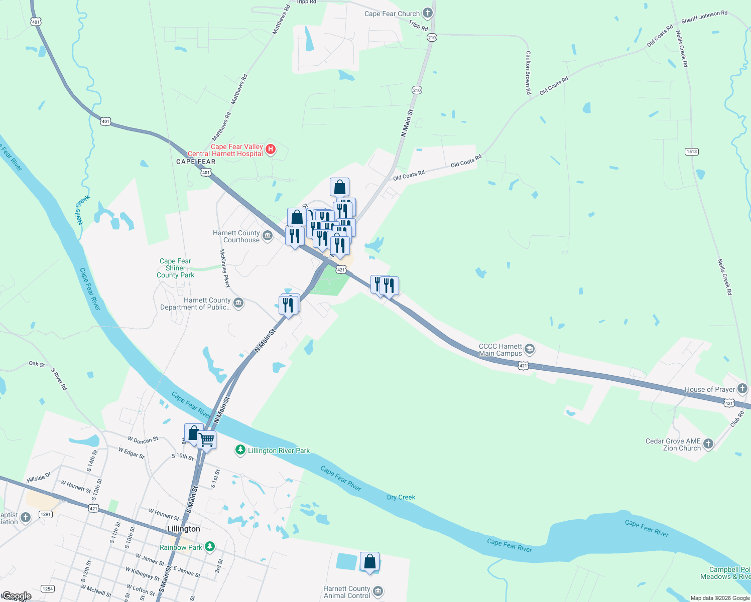 map of restaurants, bars, coffee shops, grocery stores, and more near 300 East Cornelius Harnett Boulevard in Lillington