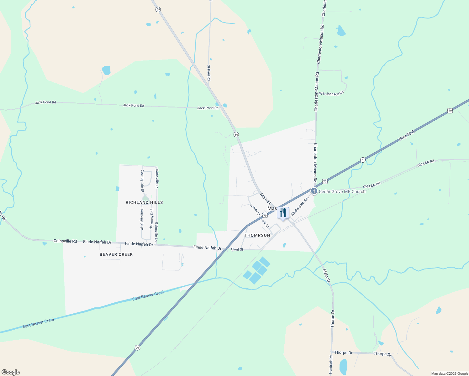 map of restaurants, bars, coffee shops, grocery stores, and more near 53 Stevens Rd in Mason