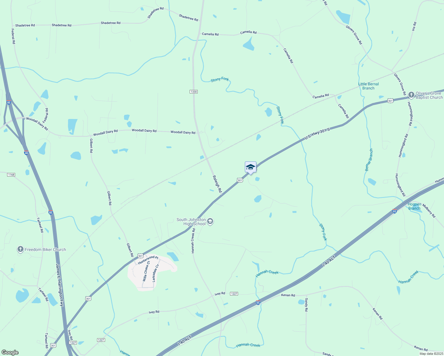 map of restaurants, bars, coffee shops, grocery stores, and more near 14445 Raleigh Road in Four Oaks
