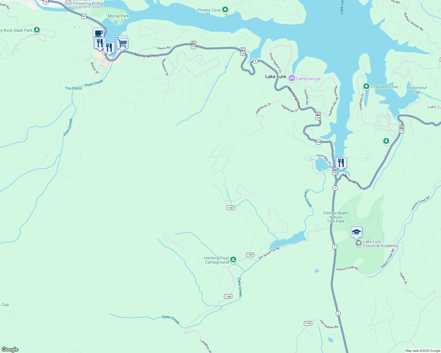 map of restaurants, bars, coffee shops, grocery stores, and more near 119 Celestial Way in Mill Spring